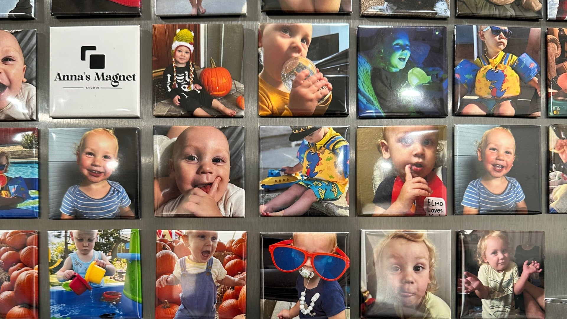 Collage of 2x2 custom photo magnets of children's pictures with Anna's Magnet Studio logo magnet in the corner.