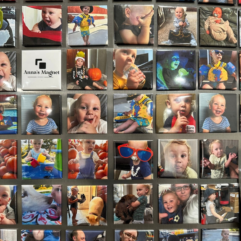 Collage of 2x2 custom photo magnets of a baby with a Anna's Magnet Studio logo magnet in the corner.
