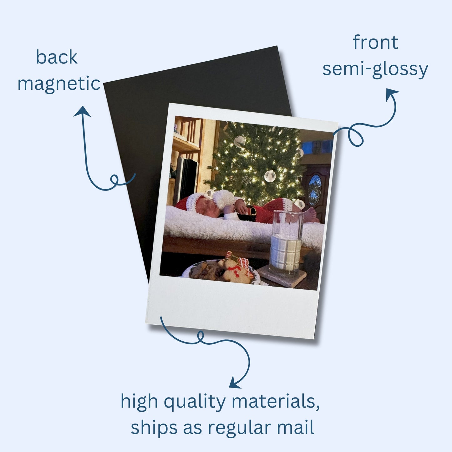 Custom Photo Magnet with a Christmas-themed photo and with text indicating back magnetic, front semi-glossy, high quality materials, and ships as regular mail.