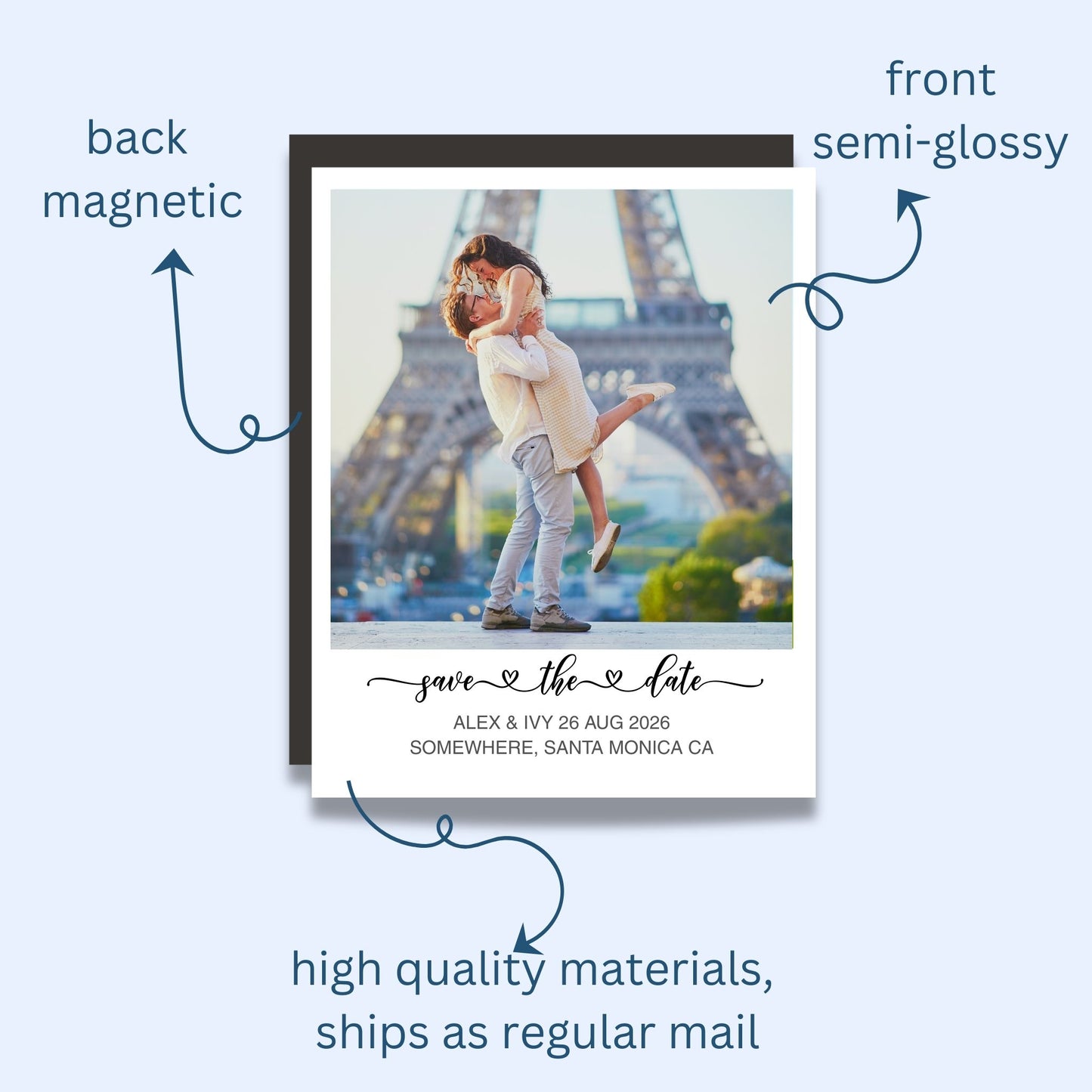 Save the date card with a couple in front of the Eiffel Tower, labeled 'front semi-glossy' and 'back magnetic'.