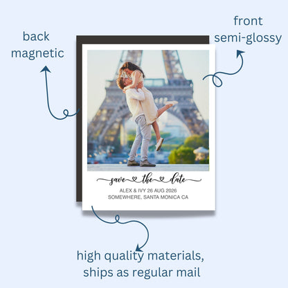Save the date card with a couple in front of the Eiffel Tower, labeled 'front semi-glossy' and 'back magnetic'.