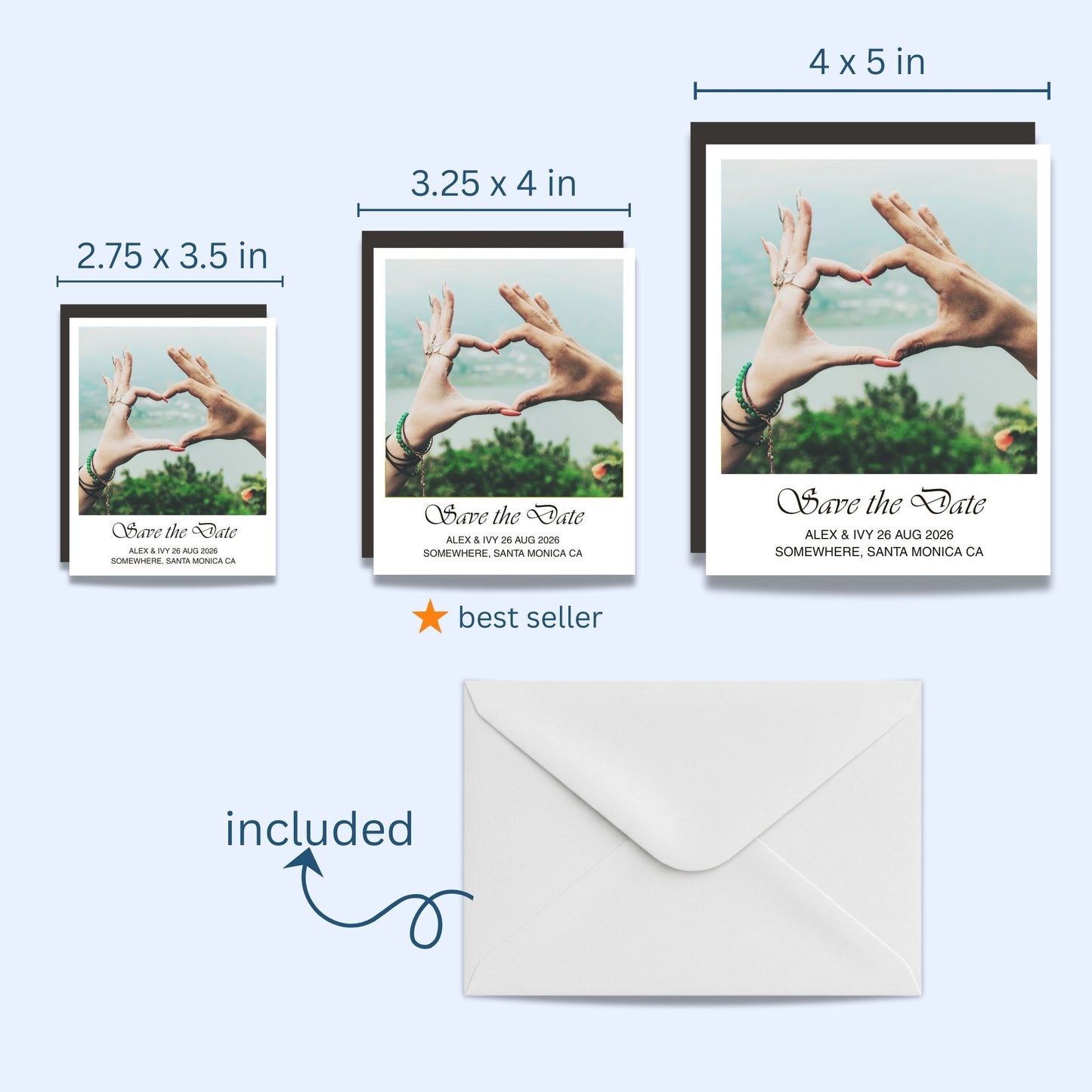 Three 'Save the Date' magnets in different sizes and a white envelope on a light blue background.