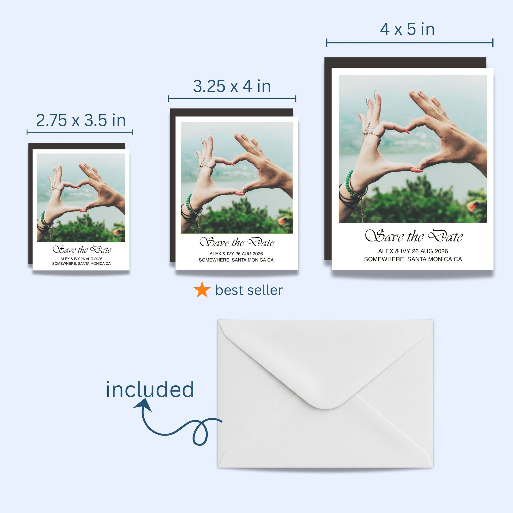 Three 'Save the Date' magnets in different sizes and a white envelope on a light blue background.