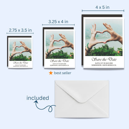 Three 'Save the Date' magnets in different sizes and a white envelope on a light blue background.