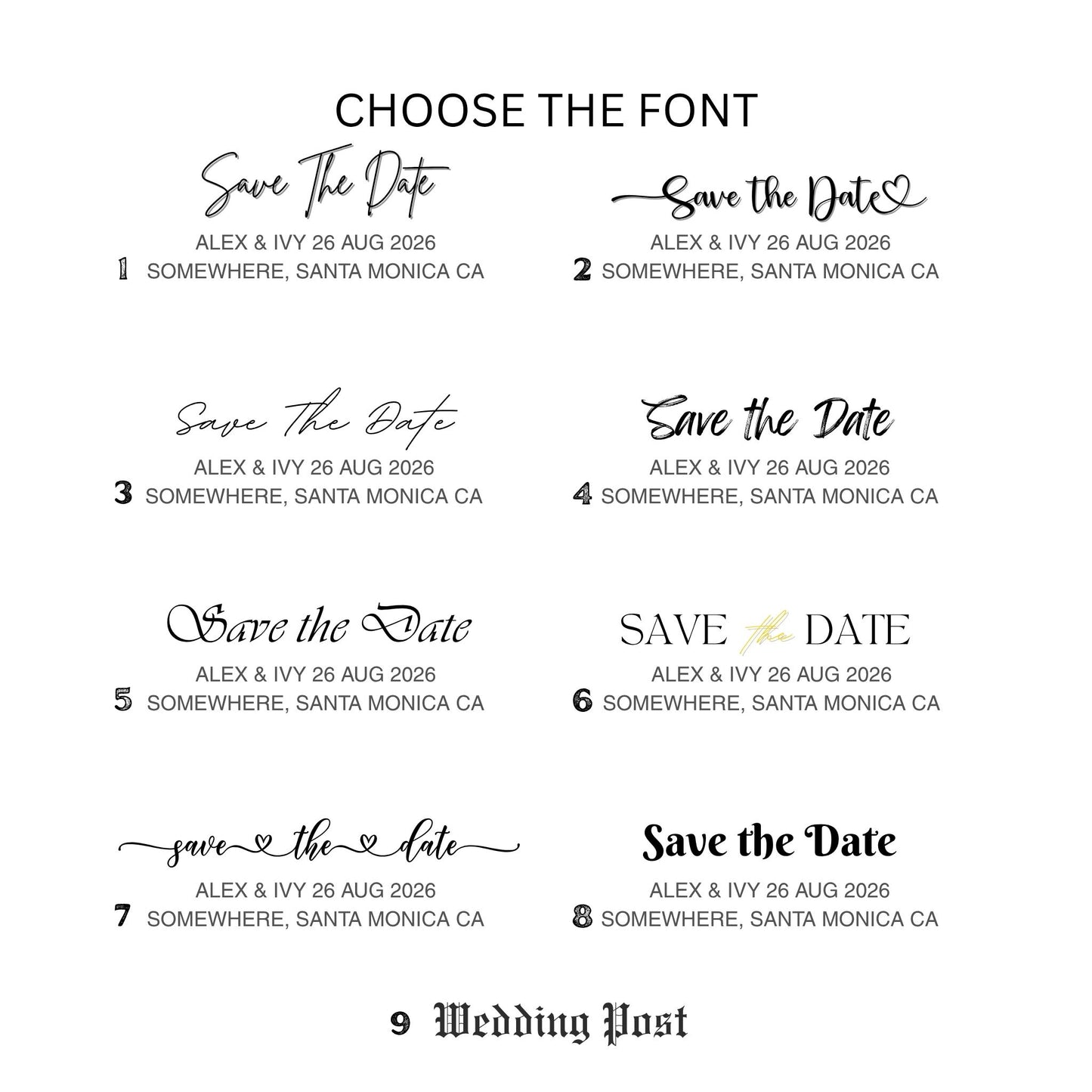 Various 'Save the Date' font options with customizable text on a white background.