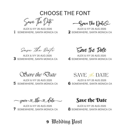 Various 'Save the Date' font options with customizable text on a white background.
