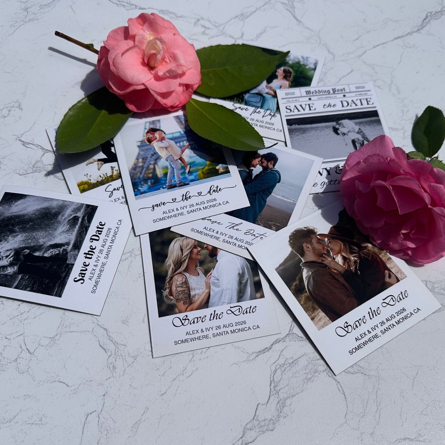 Save the Date Phot Magnets with romantic photos and pink flowers on a textured surface