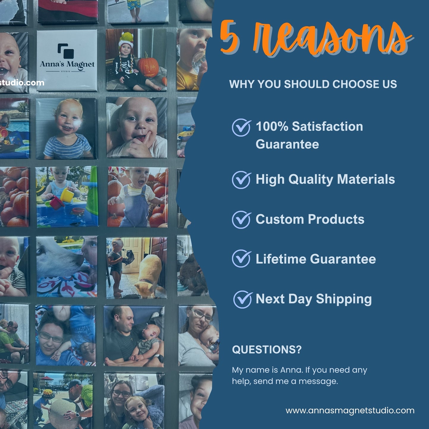 Promotional graphic for Anna's Magnet Studio with images of children and text listing reasons to choose their services.