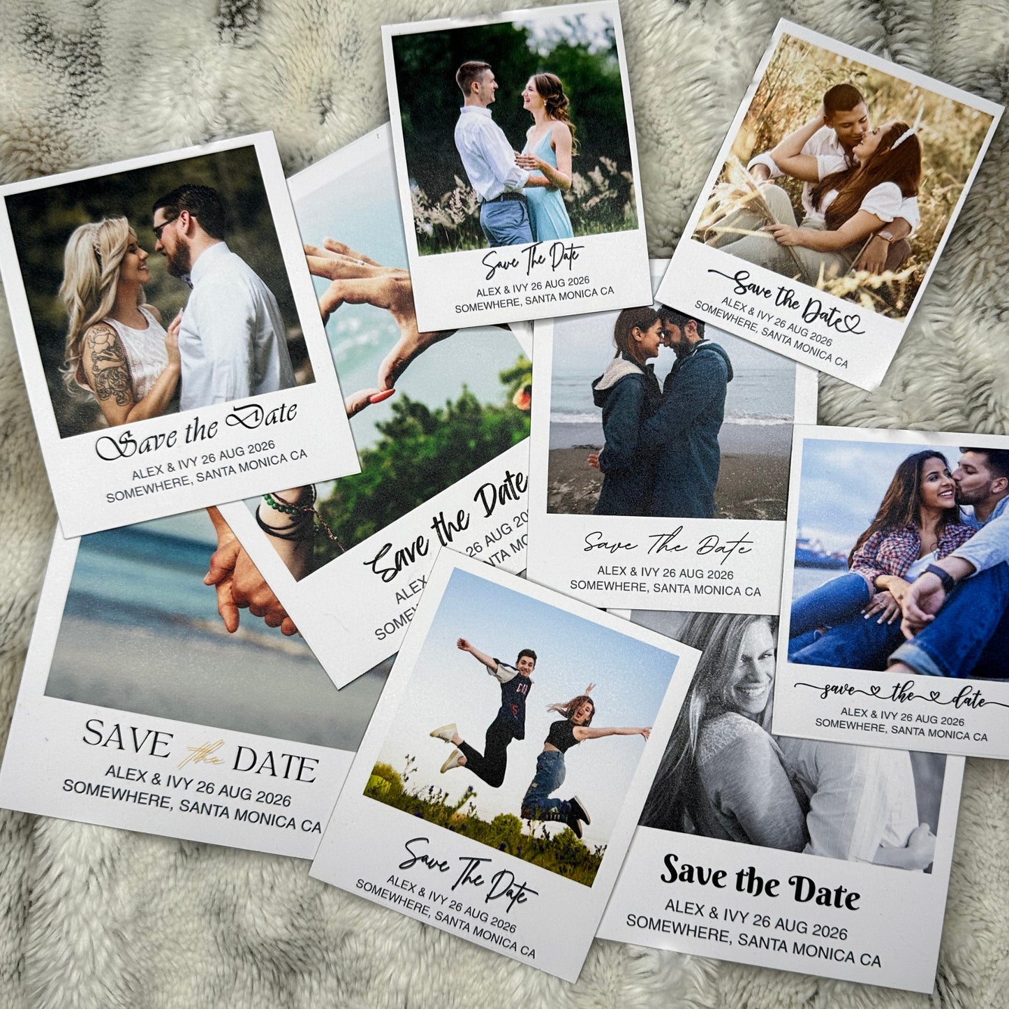 Collection of custom 'Save the Date' photo magnets with romantic photos and text.