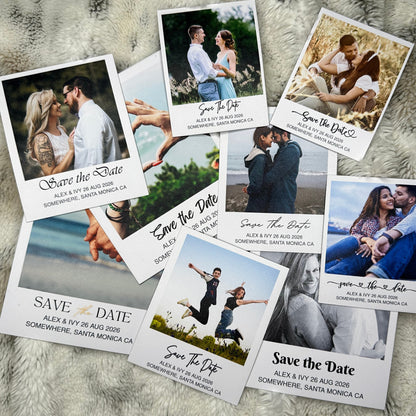 Collection of custom 'Save the Date' photo magnets with romantic photos and text.