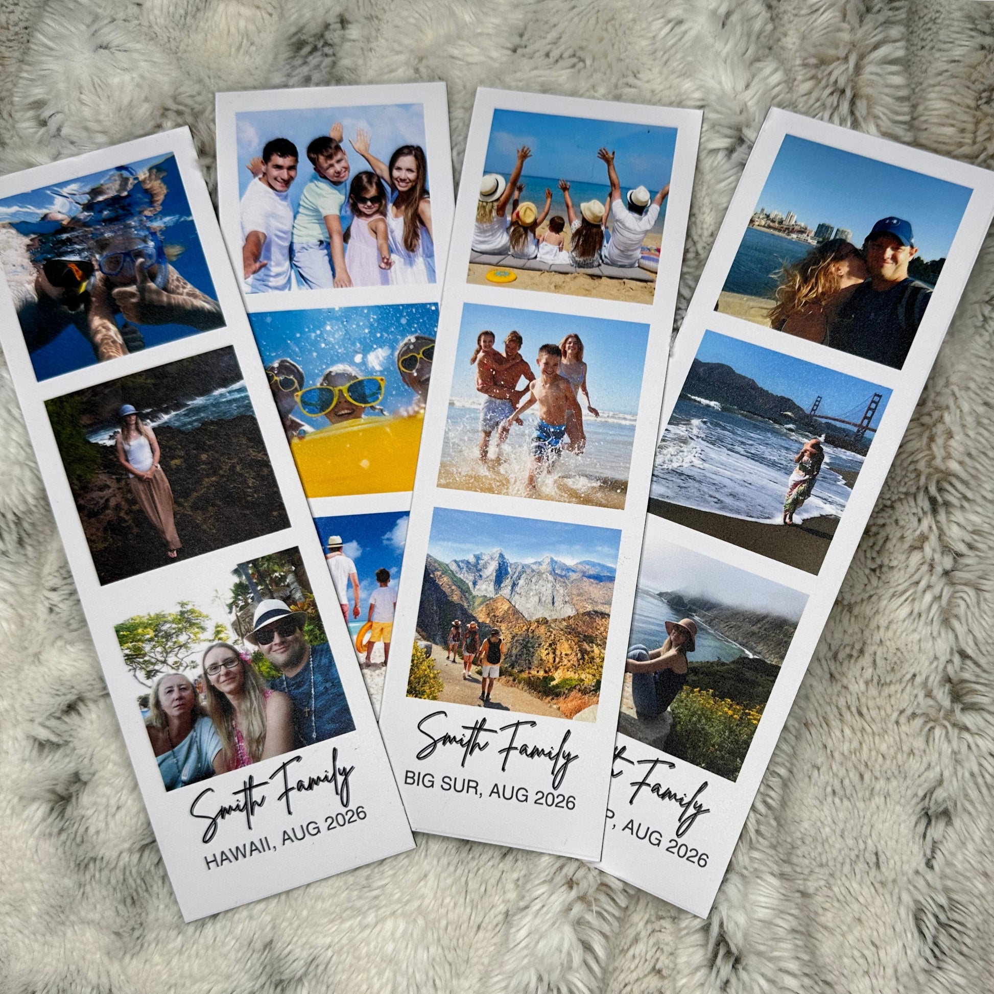 Collection of custom photo booth strip magnets of family vacation trips a textured surface
