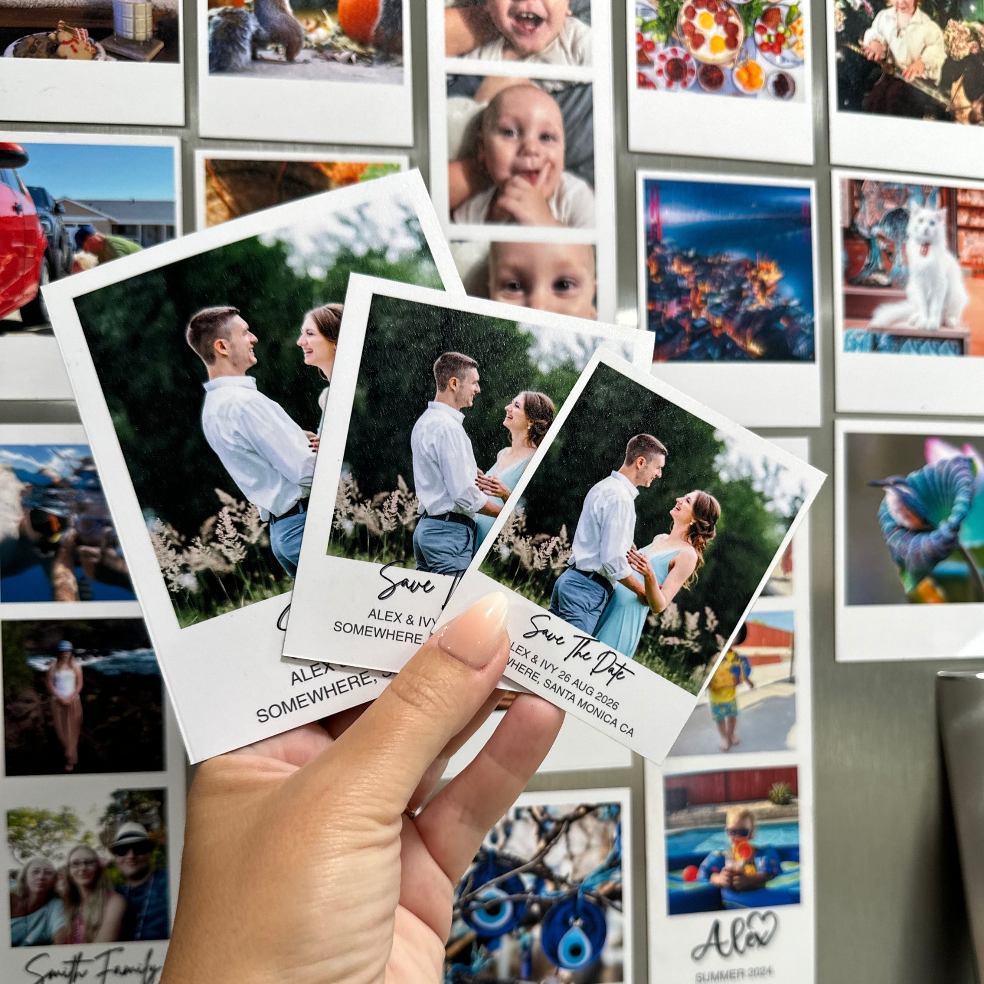 Hand holding custom  'Save the Date' photo magnets showing different sizes in comparison.