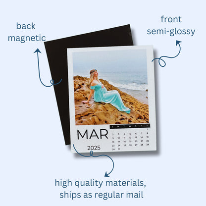 Custom Photo Calendar Magnet with a woman on the beach, labeled 'March 2025', with text indicating material quality and shipping information.