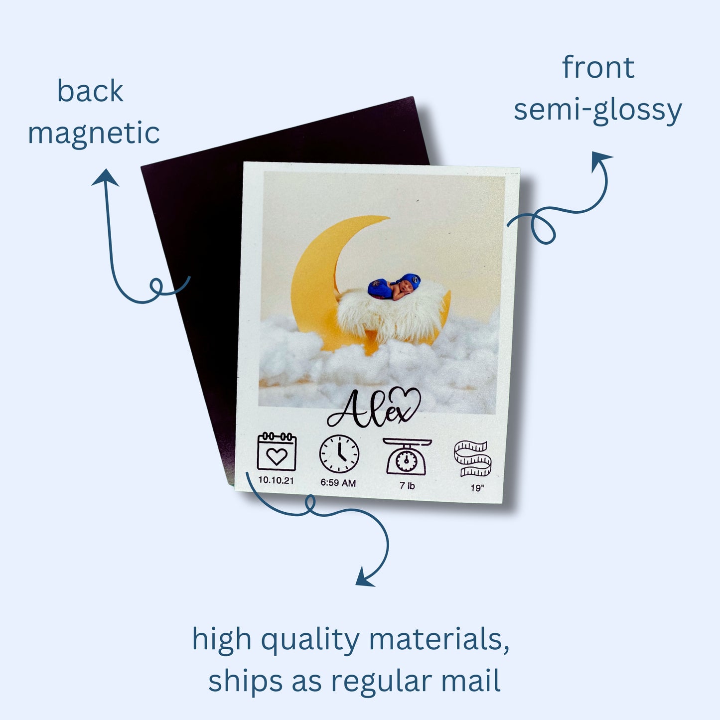 Custom Photo Magnet with a newborn photo and with text indicating back magnetic, front semi-glossy, high quality materials, and ships as regular mail.
