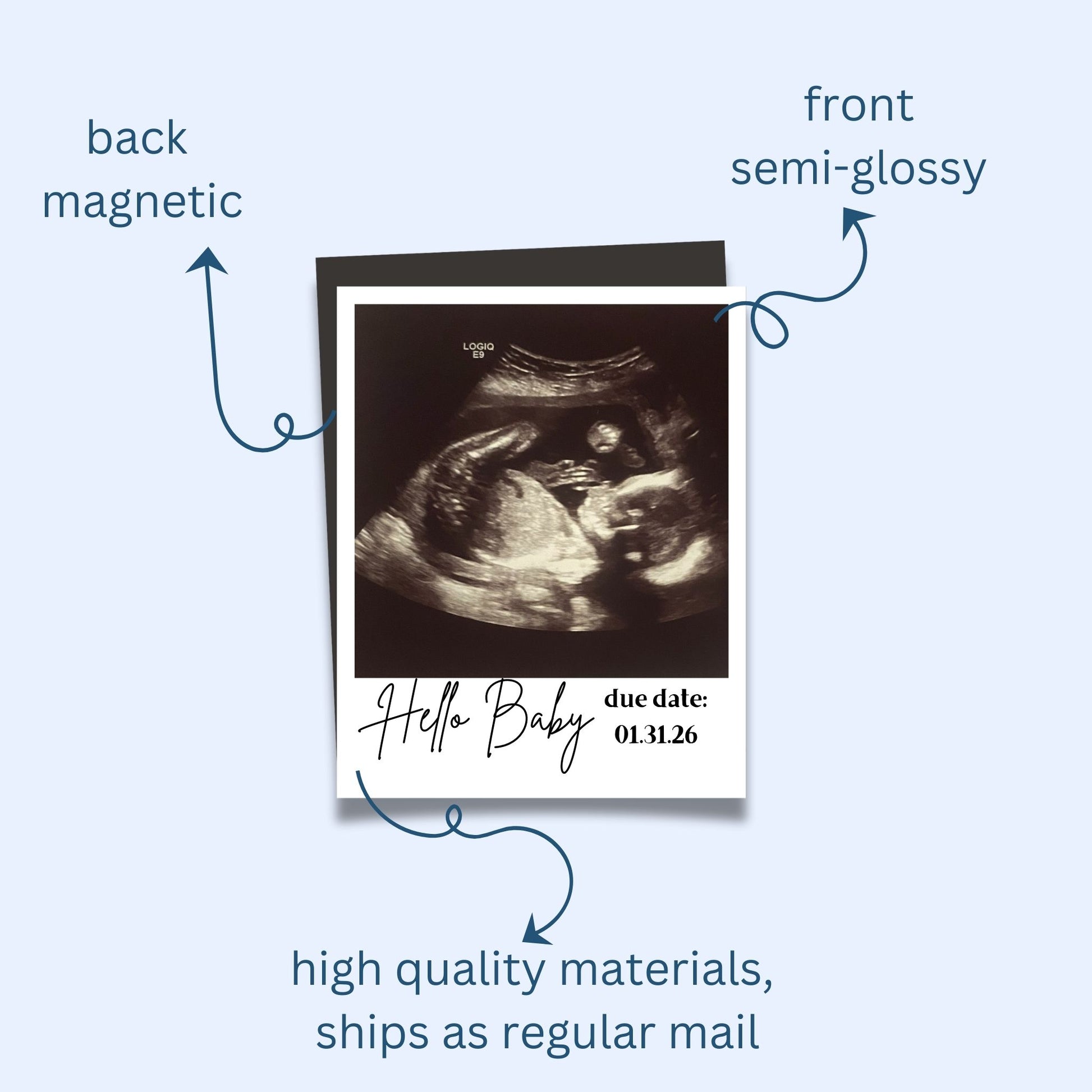 Ultrasound image on a card with text and design elements on a light blue background