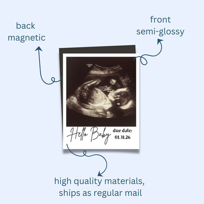 Ultrasound image on a card with text and design elements on a light blue background