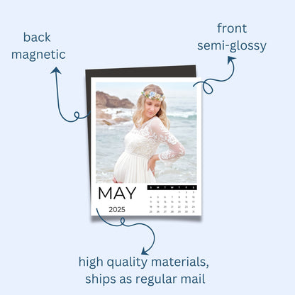 Custom Photo Calendar Magnet with specifications like magnetic backing and semi-glossy front