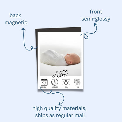 Product display with text indicating features like magnetic back, semi-glossy front, high-quality materials, and regular mail shipping.