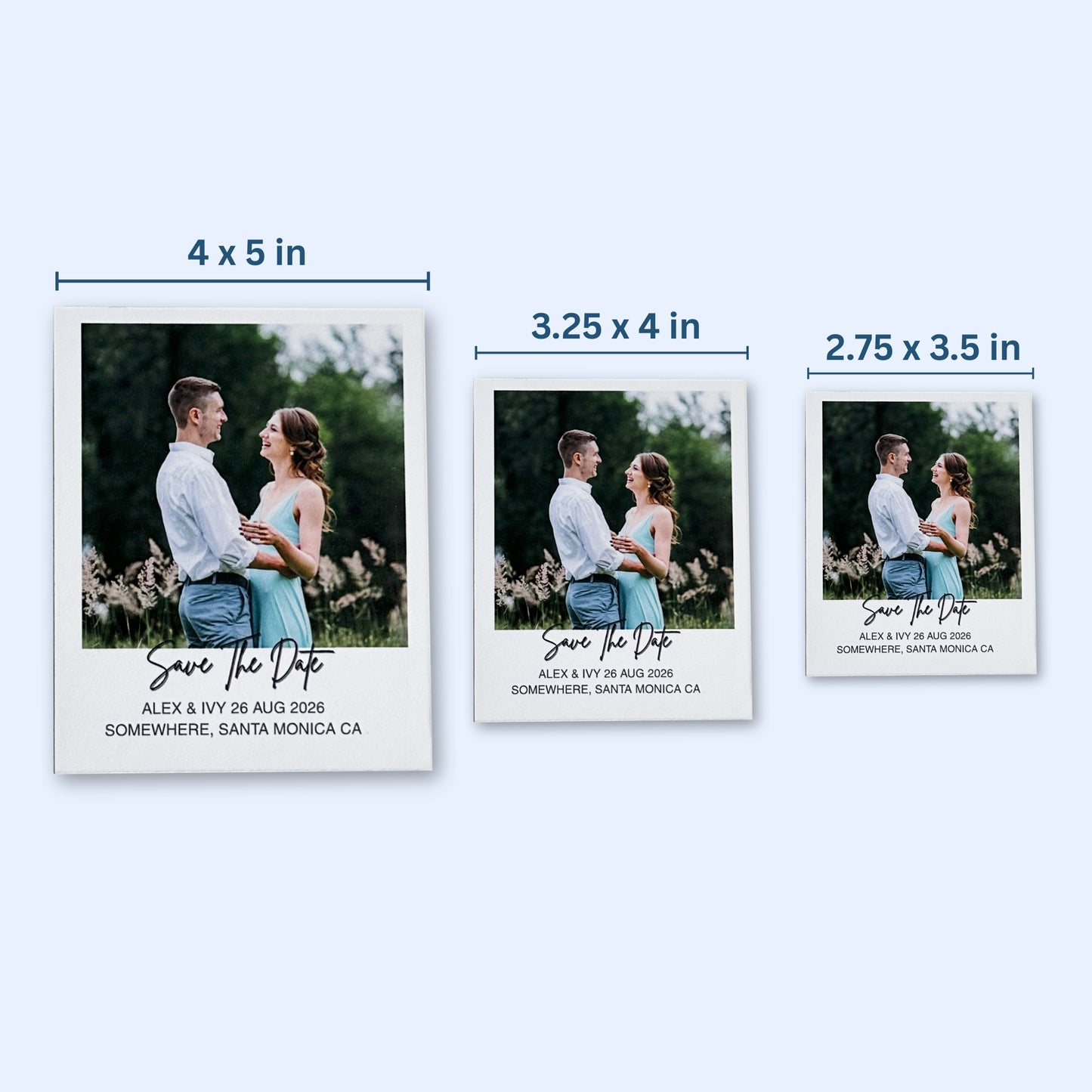 Three sizes of 'Save The Date' magnets with a couple in an outdoor setting.
