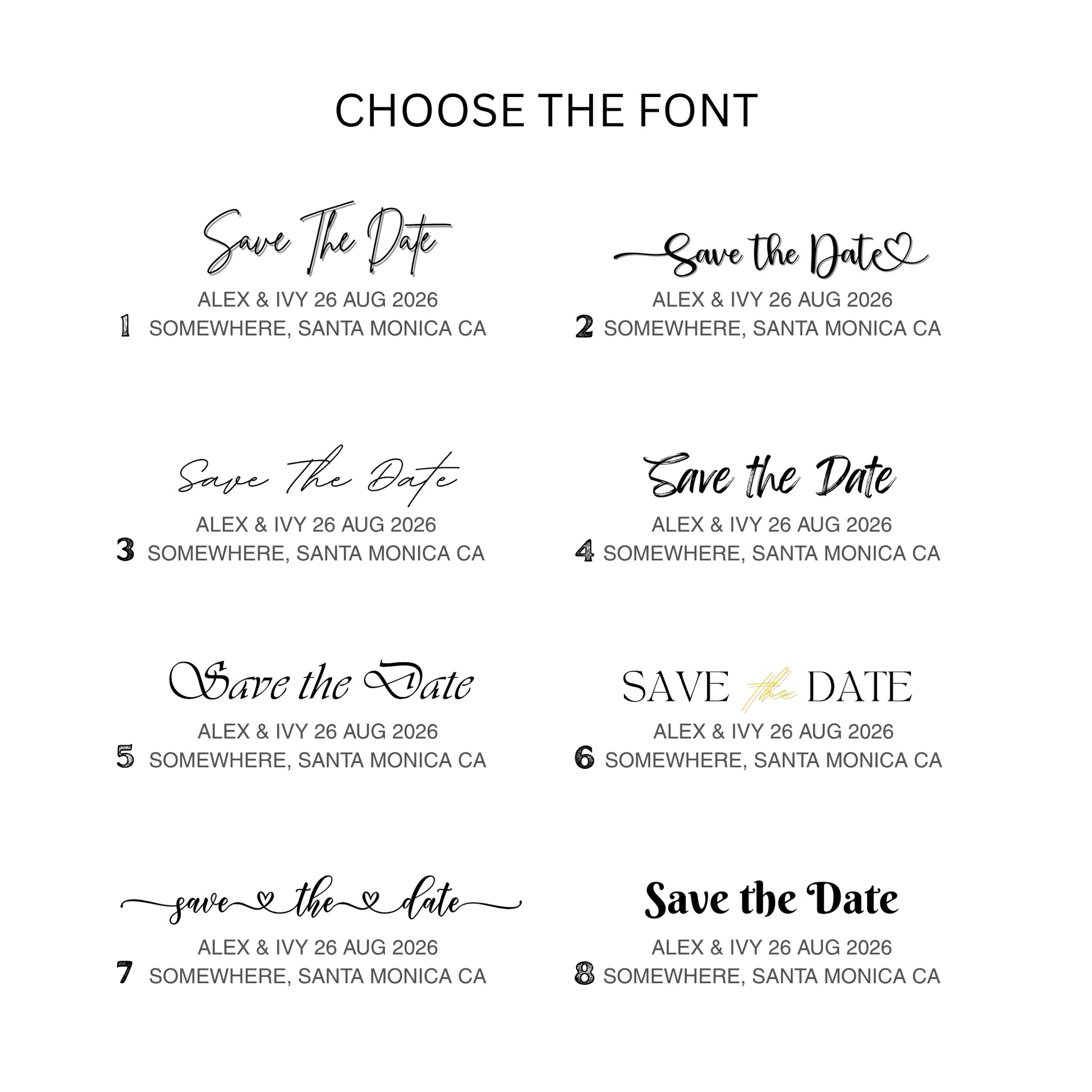 Various 'Save the Date' font styles with customizable text on a white background.