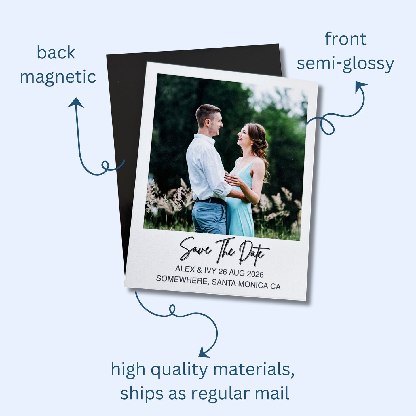 Wedding invitation magnet with 'Save The Date' text and couple photo, showing front and back materials.