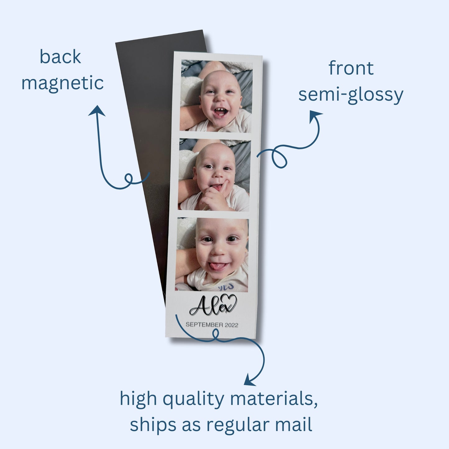 Custom Photo Booth Strip Magnet with a baby photos and with text indicating back magnetic, front semi-glossy, high quality materials, and ships as regular mail.