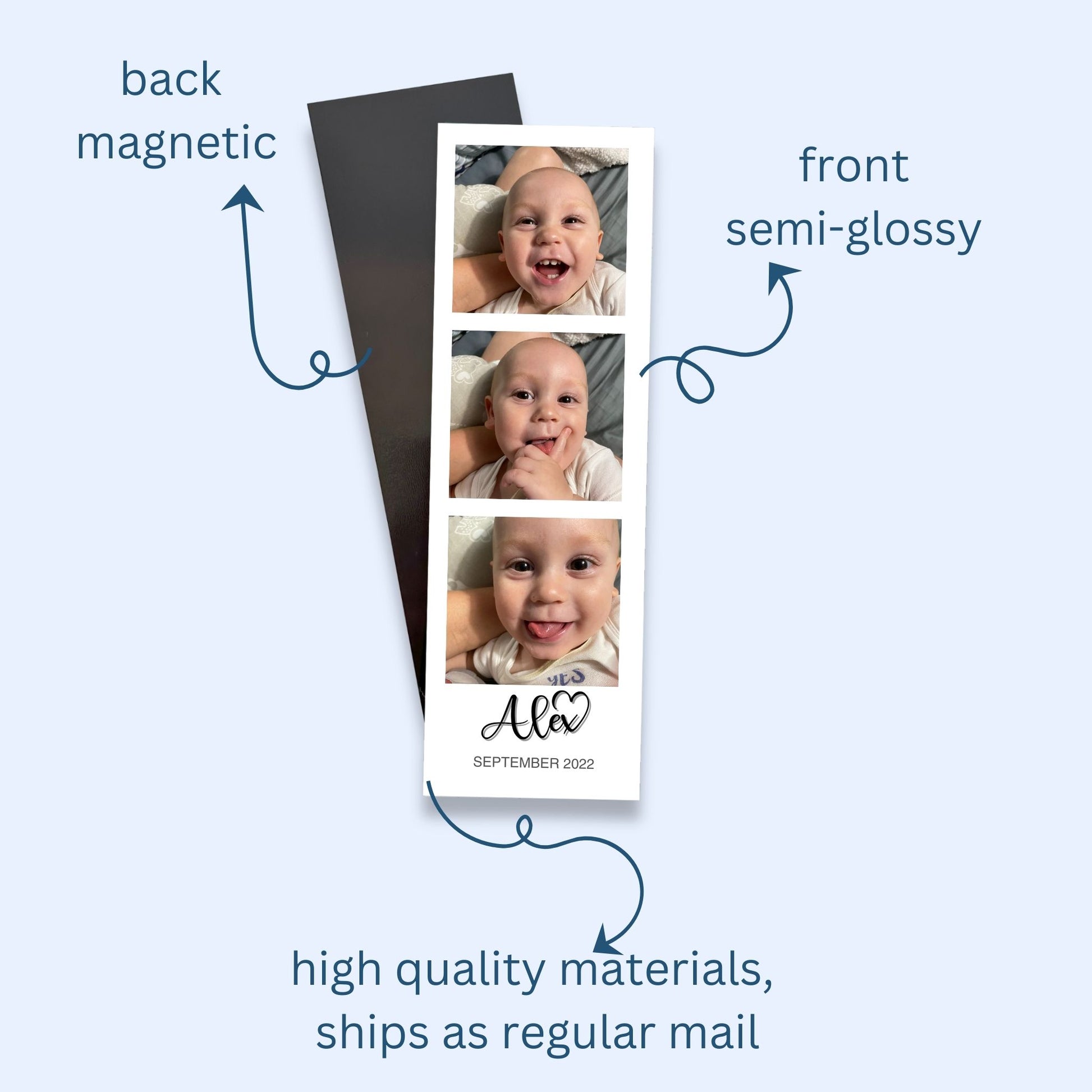 Custom Photo Booth Strip Magnet with a baby photos and with text indicating back magnetic, front semi-glossy, high quality materials, and ships as regular mail.